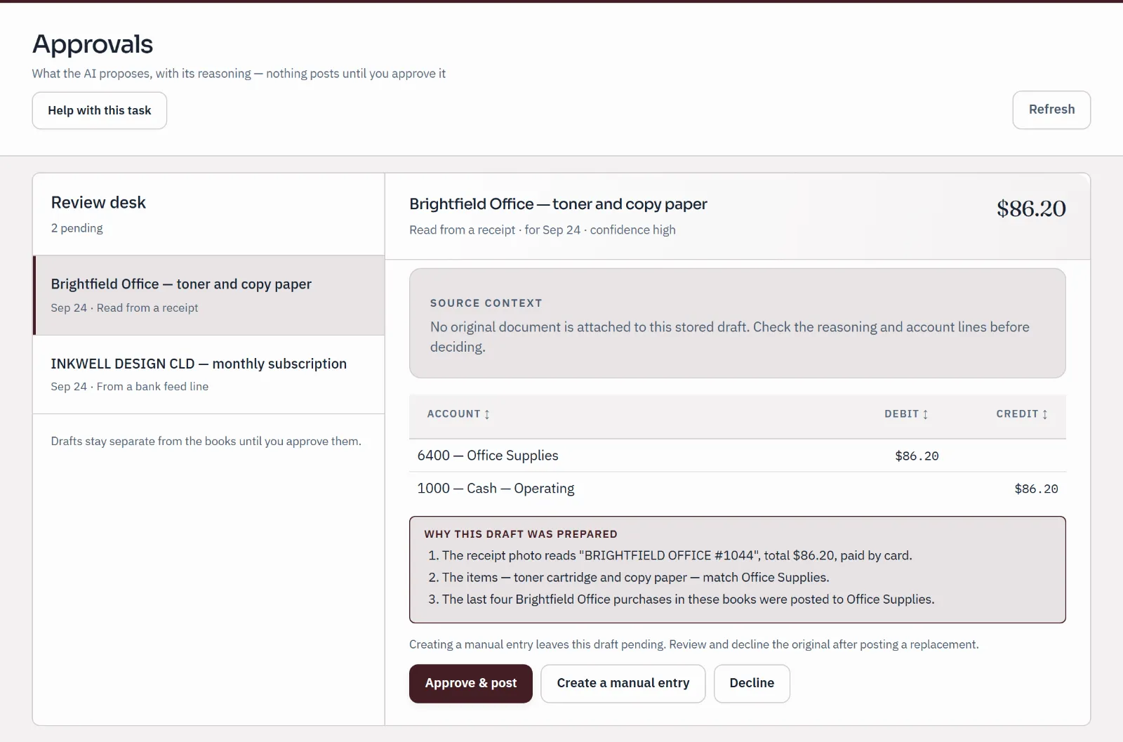 Approvals review desk: a draft prepared from a receipt, with its account lines and three reasons, waiting for a person to approve, change or decline. Nothing posts until approved.