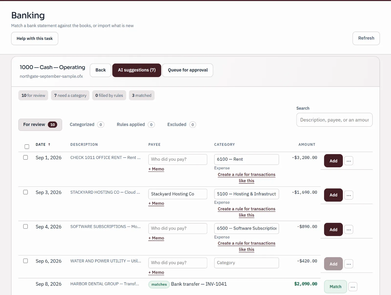 Sample bank statement import under review: ten statement lines, three matched to entries already in the books, three given a category by a person and the rest still waiting.