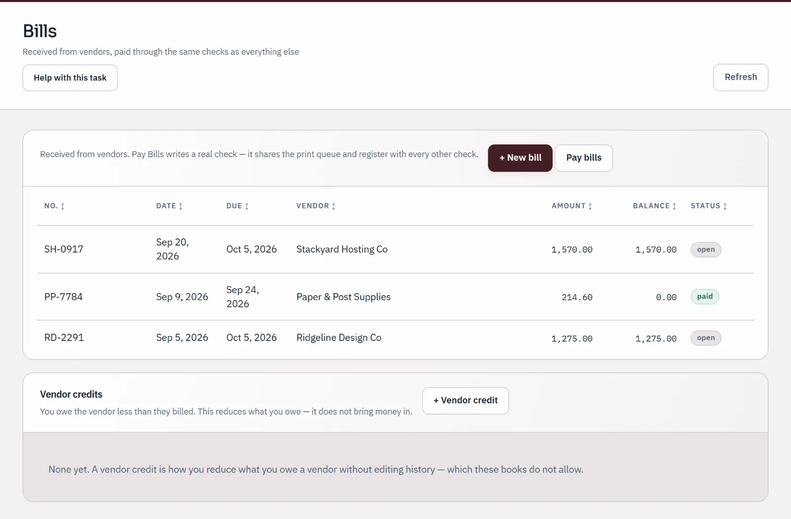 Sample bills list from three suppliers: two open and one paid, with amounts, due dates and balances.