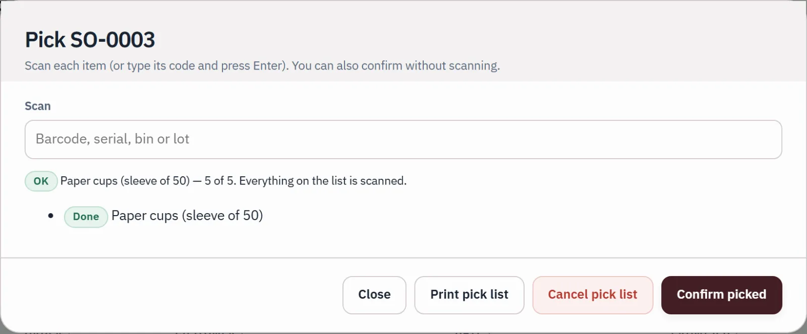 Picking sales order SO-0003 by scanning: five sleeves of paper cups scanned, the line marked Done.