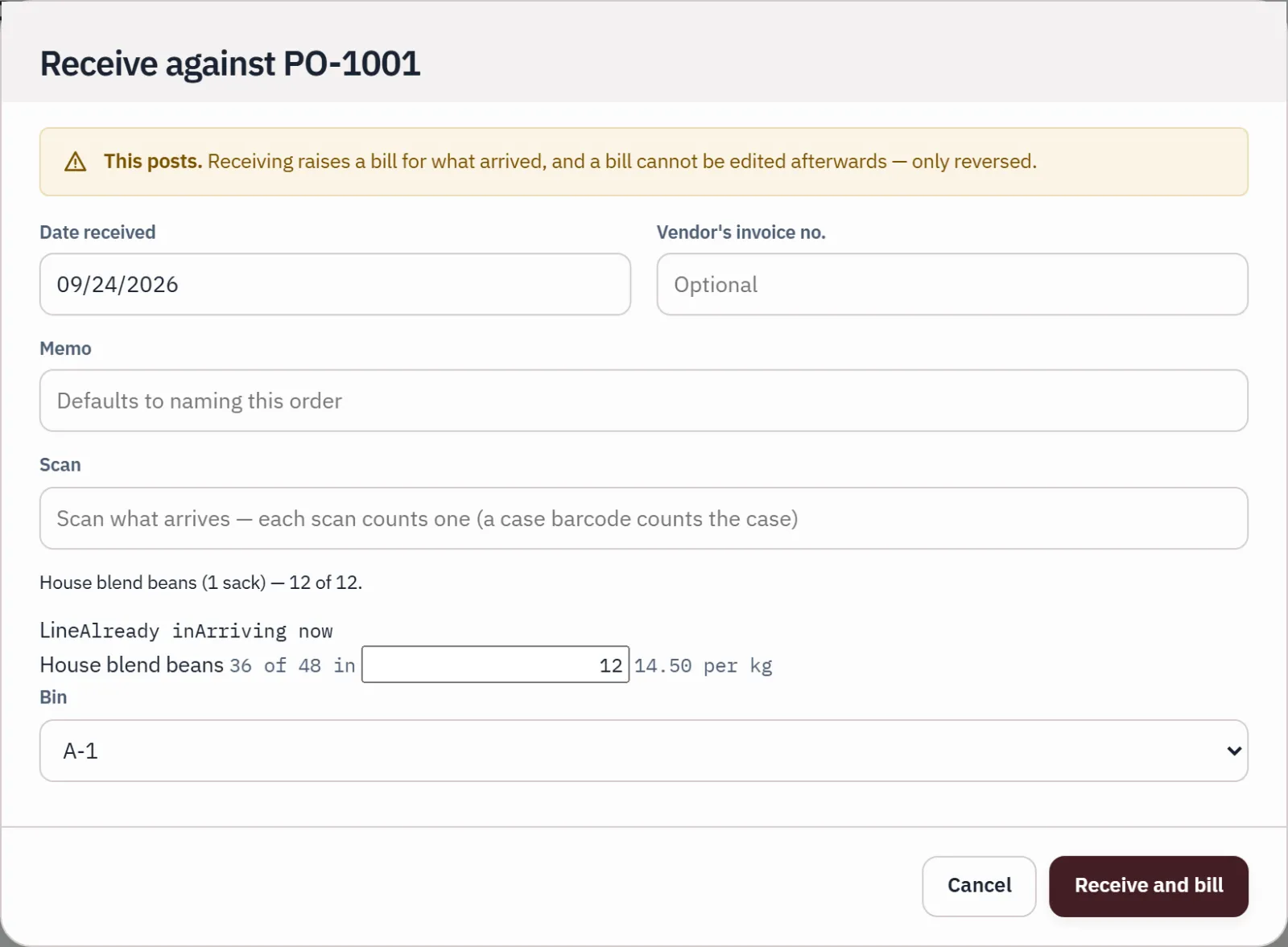 Receiving purchase order PO-1001: one scanned sack barcode counts 12 kg of beans arriving, and a banner says receiving creates the bill.