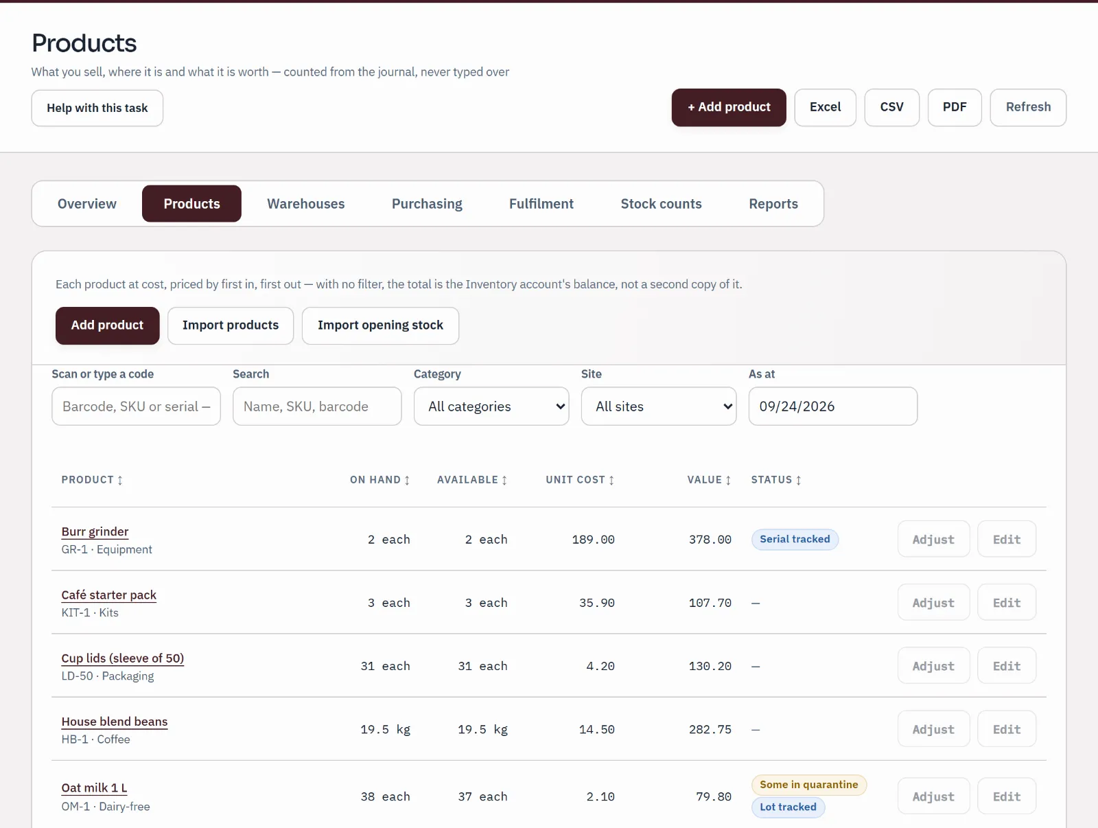 Sample products list: grinder, starter pack, cup lids, beans, oat milk and paper cups with quantity on hand, available, unit cost, value and tracking status.