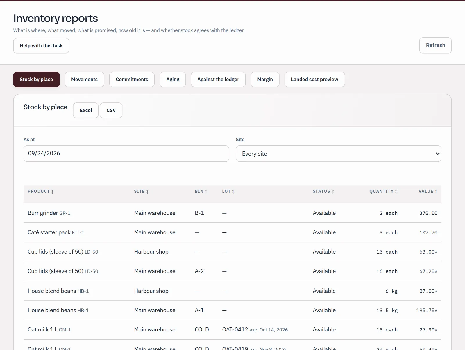 Stock by place report: every product by site, bin, lot and status with quantity and value.