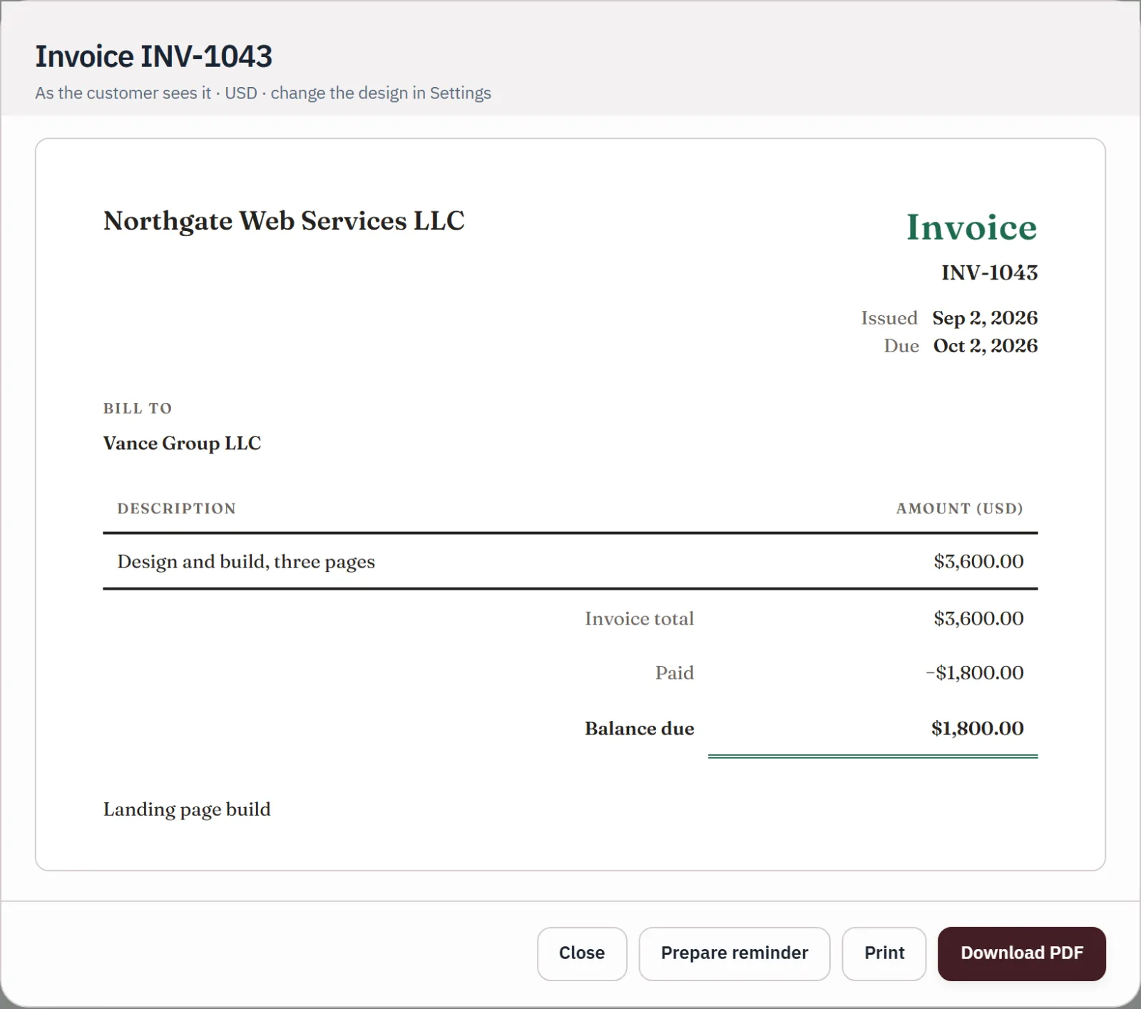 Sample invoice INV-1043 to Vance Group LLC with $1,800.00 paid and $1,800.00 still due.