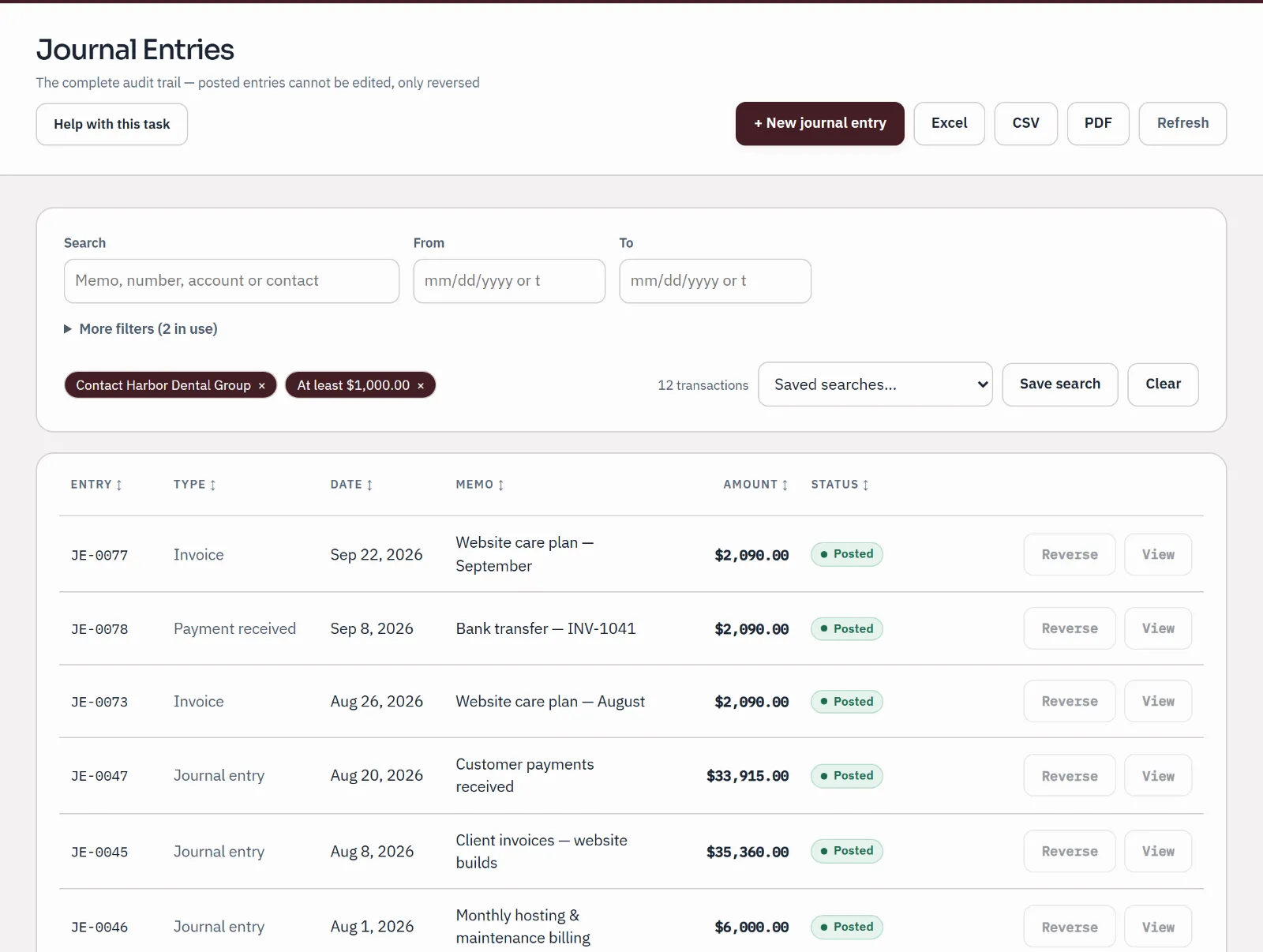 The journal after running a saved search: two filters, contact Harbor Dental Group and at least $1,000.00, leave twelve matching transactions listed by date and amount.
