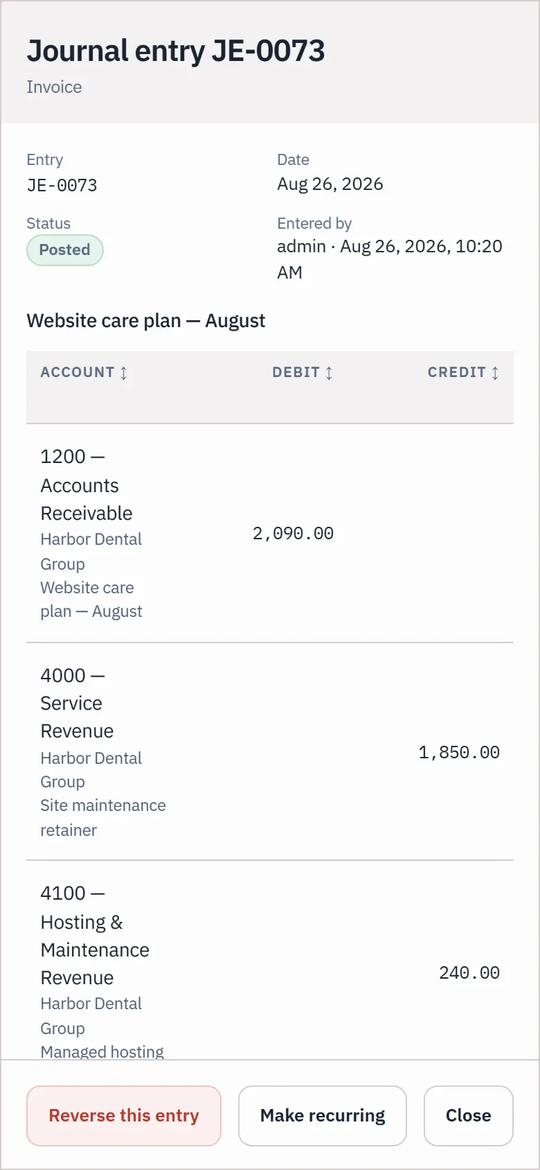 Transaction detail on a phone for invoice INV-1041: account lines with the customer on each, and Reverse, Make recurring and Close.