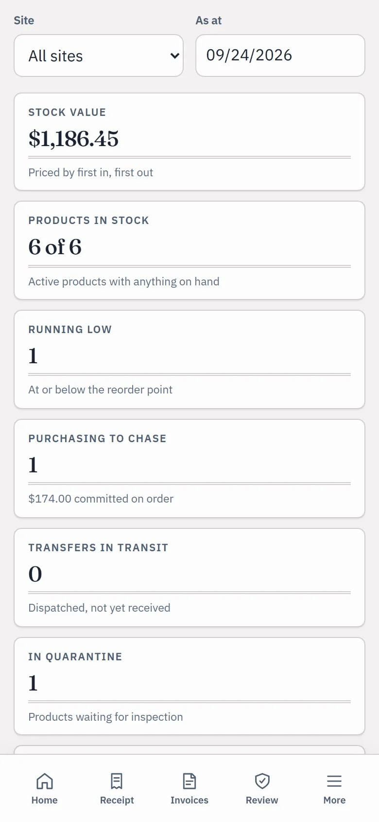 The sample inventory overview on a phone: site and date filters, stock value $1,186.45 and products in stock.