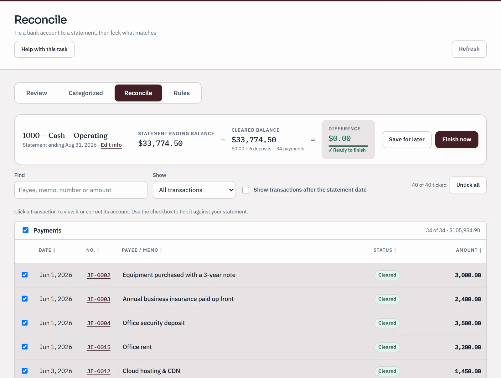 Sample bank reconciliation for the operating account to a statement ending August 31: statement balance and cleared balance agree, difference $0.00, ready to finish.