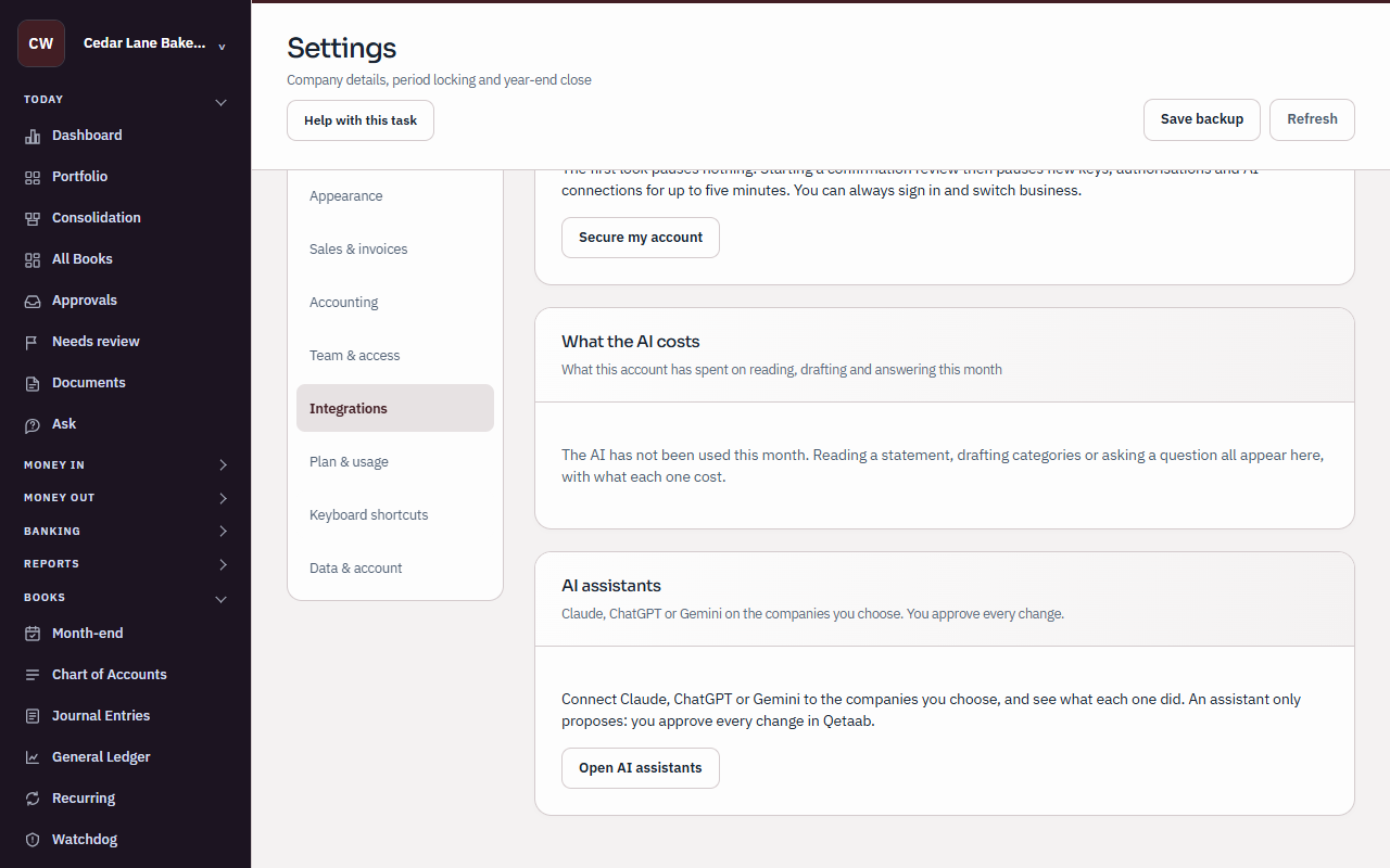 The Settings screen on the Integrations section, in the fictional company Cedar Lane Bakery (Synthetic) WP14. The left list offers Appearance, Sales & invoices, Accounting, Team & access, Integrations (selected), Plan & usage, Keyboard shortcuts and Data & account. On the right, below the end of the Secure my account card and the What the AI costs card, the AI assistants card reads “Claude, ChatGPT or Gemini on the companies you choose. You approve every change.” and “Connect Claude, ChatGPT or Gemini to the companies you choose, and see what each one did. An assistant only proposes: you approve every change in Qetaab.”, with an Open AI assistants button.