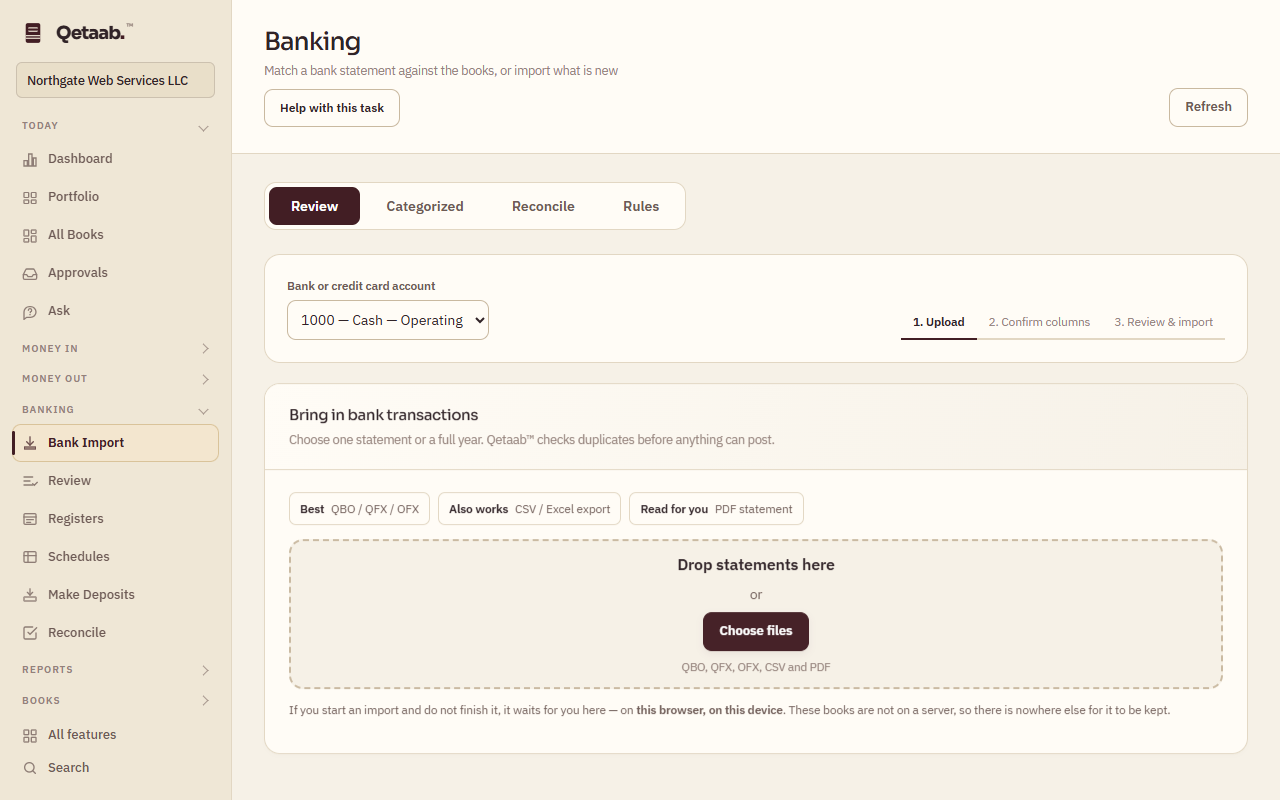 The Banking screen of a sample company on the Review tab. The bank account selector reads 1000 — Cash — Operating, a stepper shows 1. Upload, 2. Confirm columns, 3. Review & import, and a Bring in bank transactions box offers Drop statements here or Choose files for QBO, QFX, OFX, CSV and PDF files.
