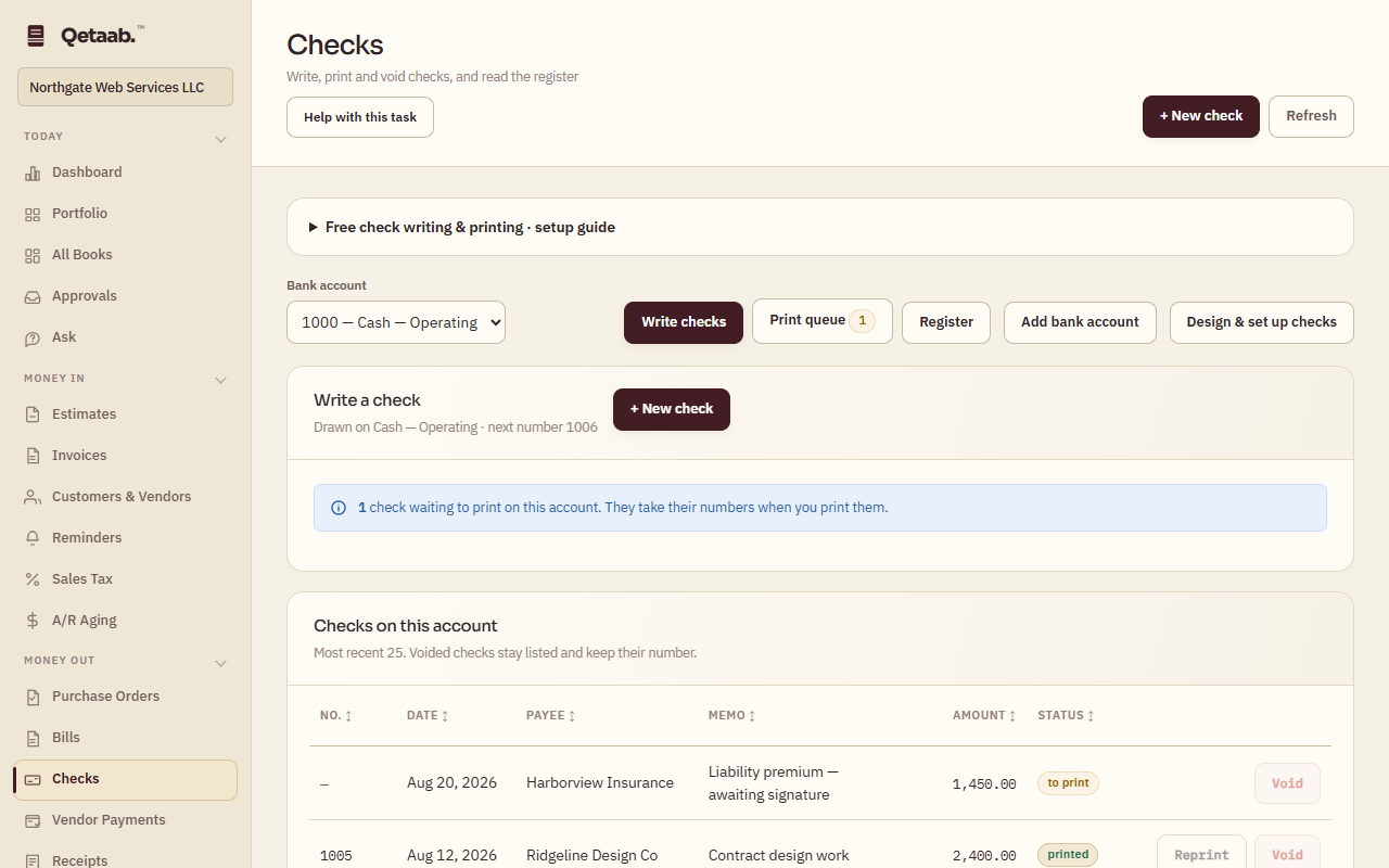 The Checks screen with Bank account 1000 — Cash — Operating selected and tabs Write checks, Print queue (1), Register, plus Add bank account and Design & set up checks. The Write a check card says drawn on Cash — Operating, next number 1006, with + New check. A note reads 1 check waiting to print on this account. Checks on this account lists a check to Harborview Insurance marked to print with a Void button and check 1005 to Ridgeline Design Co marked printed with Reprint and Void buttons.