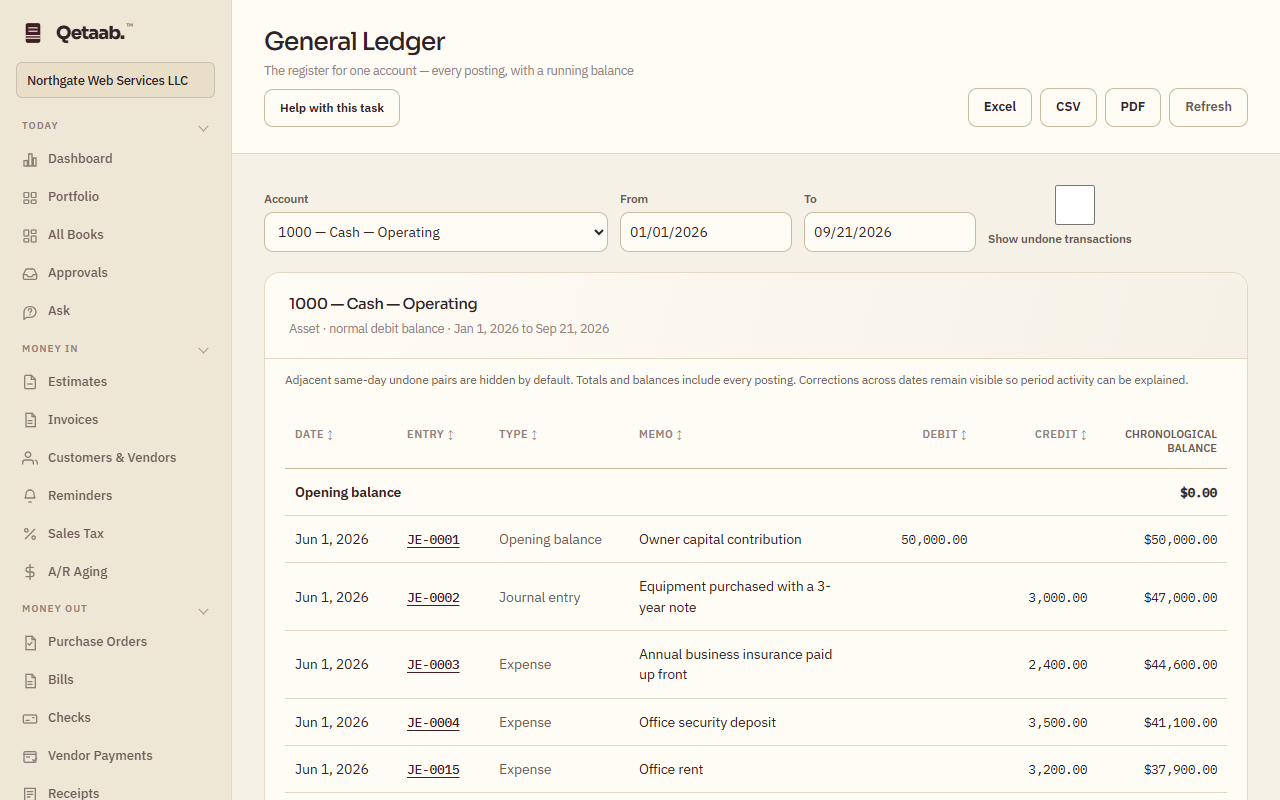 The General Ledger for account 1000 — Cash — Operating from 01/01/2026 to 09/21/2026, with a Show undone transactions checkbox. The register lists dated postings with entry numbers as links, type, memo, debit, credit and a chronological running balance starting from an opening balance of $0.00. The toolbar offers Excel, CSV and PDF.