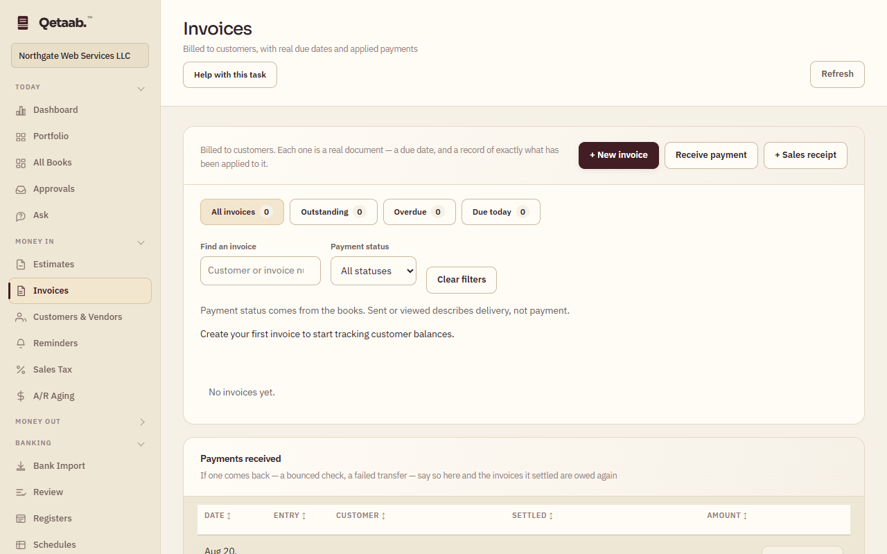 The Invoices screen of the sample company before any invoice exists. Buttons read + New invoice, Receive payment and + Sales receipt; filter buttons read All invoices, Outstanding, Overdue and Due today, each with a count of 0; Find an invoice and Payment status filters sit above the note that payment status comes from the books; the list says No invoices yet; a Payments received card begins below.