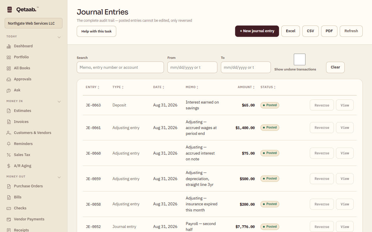 The Journal Entries screen of the sample company. Filters read Search, From, To, a Show undone transactions checkbox and Clear. The table lists entries such as JE-0063 Deposit, Interest earned on savings, $65.00, Posted, and several Adjusting entries dated Aug 31, 2026, each with Reverse and View buttons. The toolbar offers + New journal entry, Excel, CSV, PDF and Refresh.