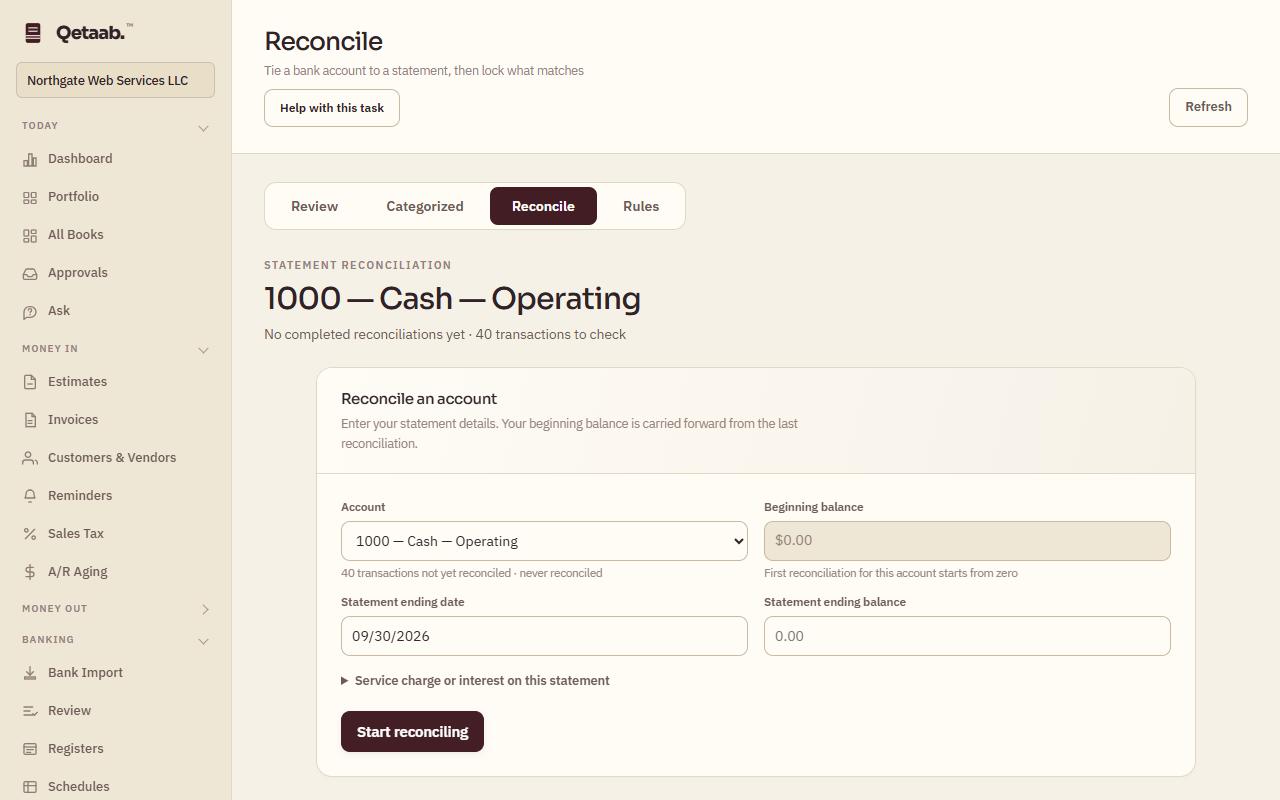 The Reconcile tab of the Banking screen for the sample account 1000 — Cash — Operating. The Reconcile an account form shows Account, a greyed Beginning balance of $0.00 for a first reconciliation, Statement ending date 09/30/2026, Statement ending balance, a folded Service charge or interest on this statement row, and a Start reconciling button.
