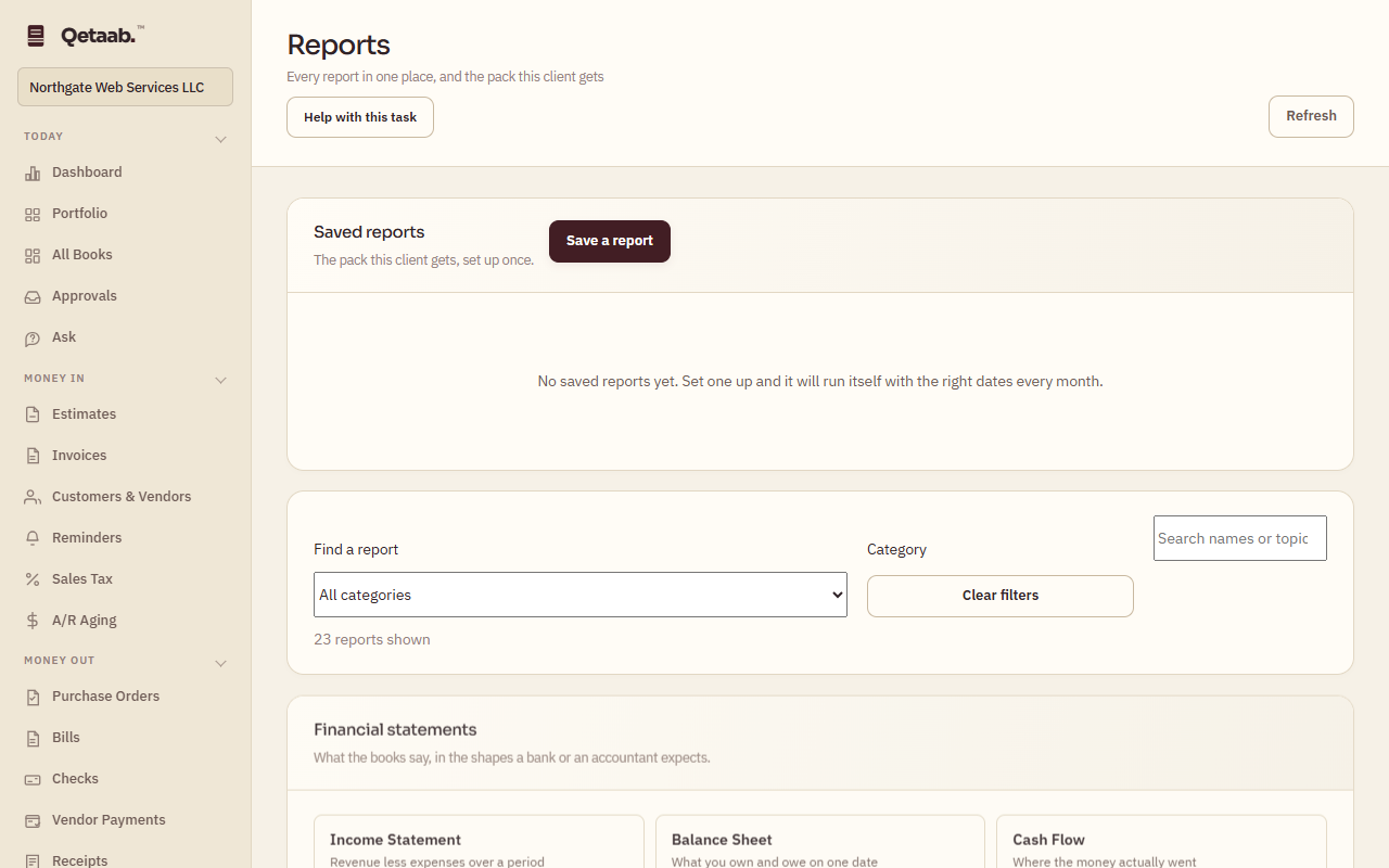 The Reports screen. A Saved reports card offers Save a report and says No saved reports yet. Below, Find a report offers a Category selector (All categories), a Search names or topic box and Clear filters, with 23 reports shown. The Financial statements group begins with Income Statement, Balance Sheet and Cash Flow cards.